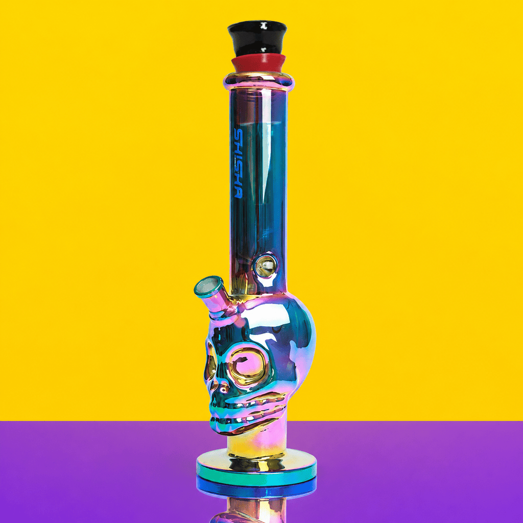 Rainbow Glossy Skull Shape Round Base Glass Waterpipe 38cm | Shisha Glass